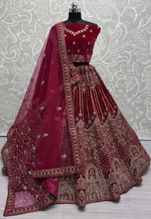Hand Embroidered Velvet Lehenga in Fuchsia