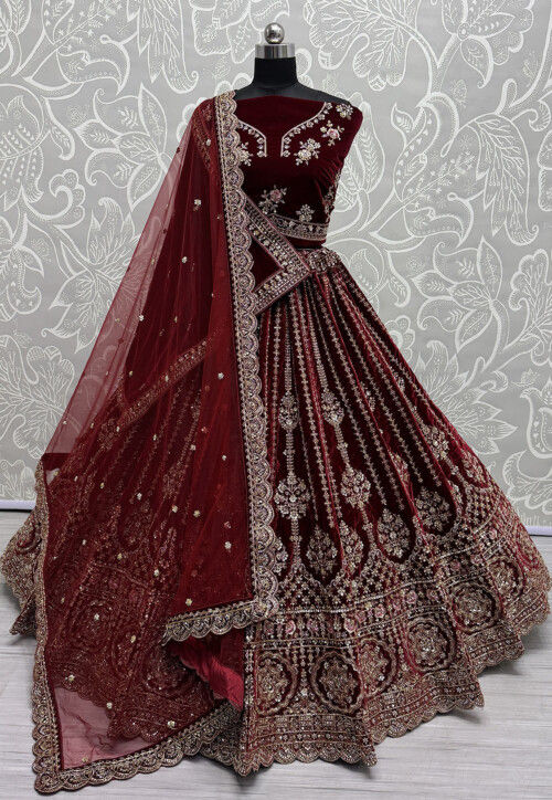 Hand Embroidered Velvet Lehenga in Maroon