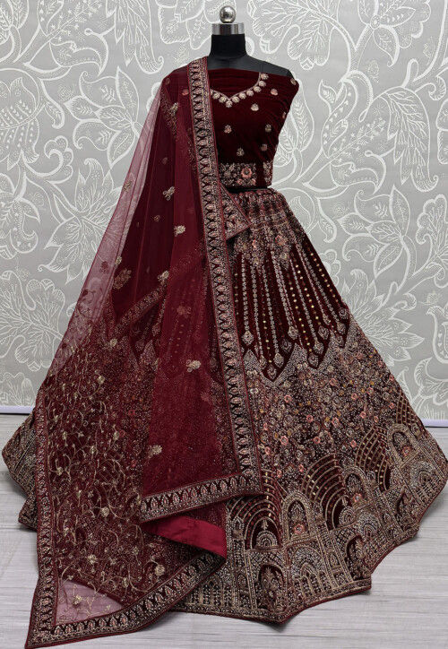 Hand Embroidered Velvet Lehenga in Maroon