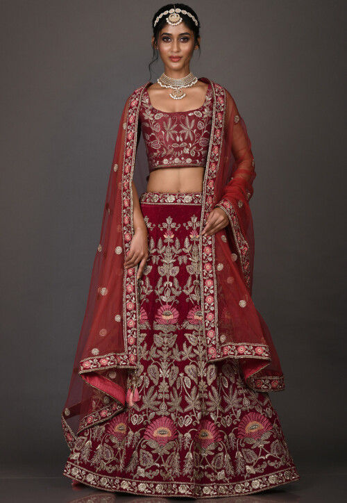Hand Embroidered Velvet Lehenga in Maroon