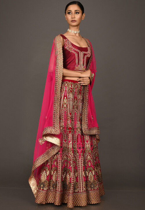 Hand Embroidered Velvet Lehenga in Red