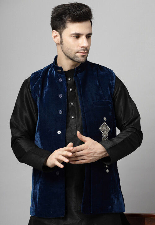 Men’s Navy Blue Embroidered Velvet Nehru Jacket – Regal Sleeveless Vest