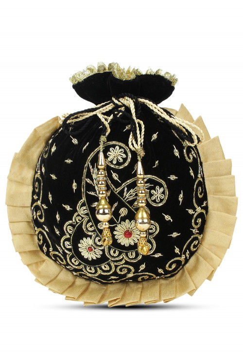 Hand Embroidered Velvet Pleated Potli Bag in Black