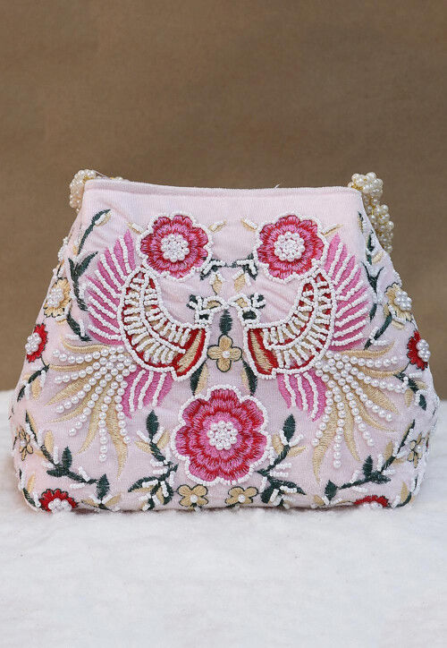 Hand Embroidered Velvet Potli Bag in Baby Pink
