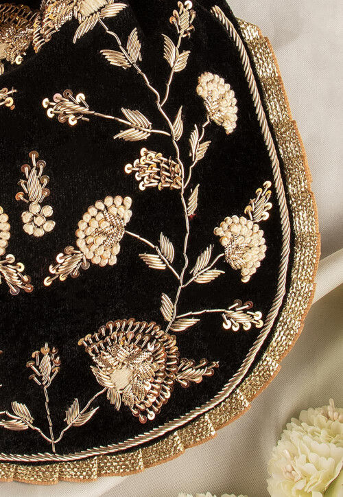 Hand Embroidered Velvet Potli Bag in Black