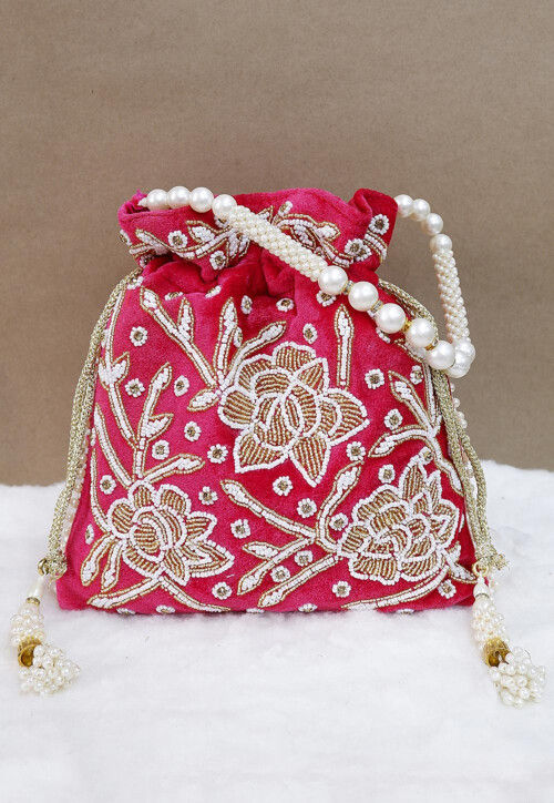 Hand Embroidered Velvet Potli Bag in Fuchsia