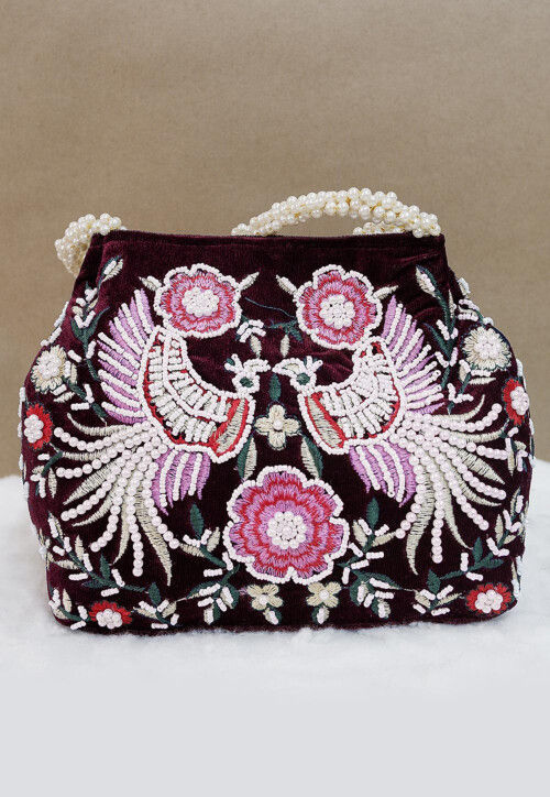 Hand Embroidered Velvet Potli Bag in Wine