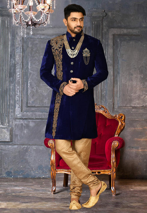 Navy blue velvet sherwani deals