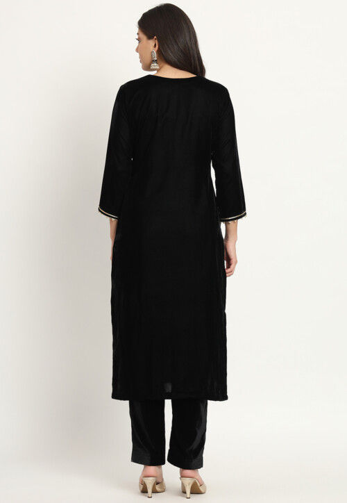 Women Black Velvet Embroidered Kaftan Kurta With Straight Pants