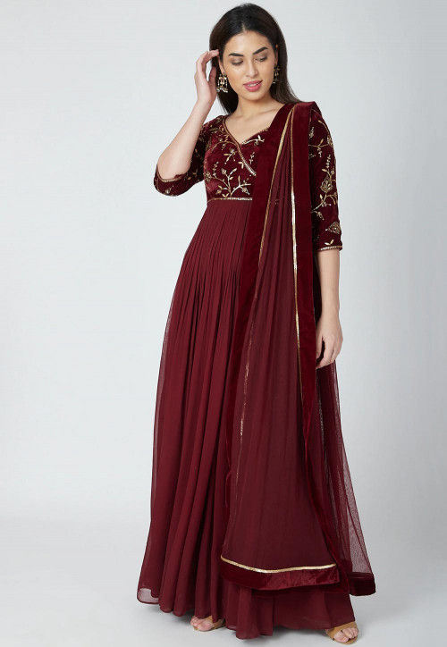 Hand Embroidered Viscose Georgette Abaya Style Suit in Maroon