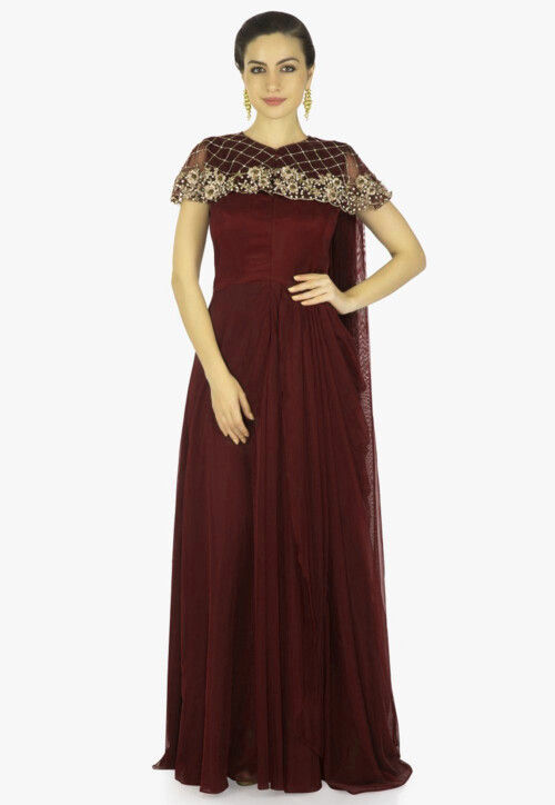 Hand Embroidered Viscose Georgette Cowl Style Gown in Maroon