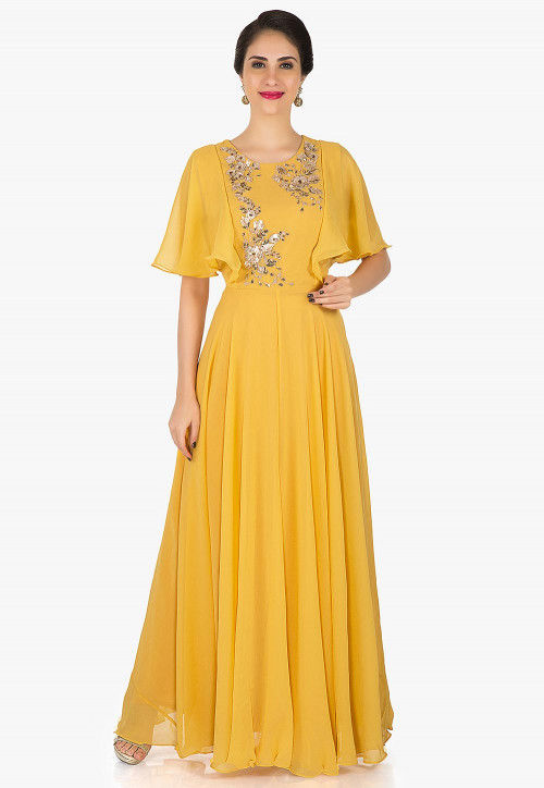 Hand Embroidered Viscose Georgette Gown in Yellow