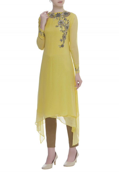 Hand Embroidered Viscose Georgette Kurta Set in Yellow