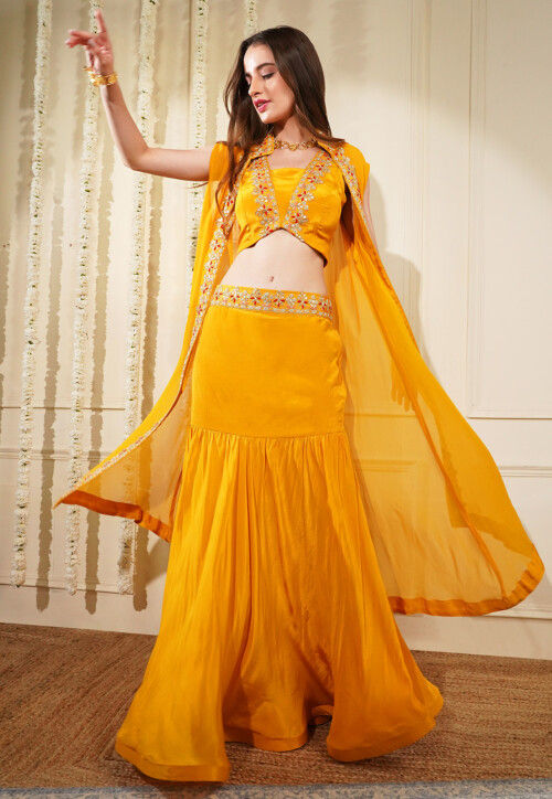 Hand Embroidered Viscose Georgette Lehenga in Mustard