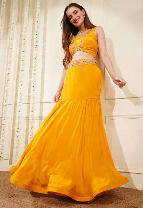 Hand Embroidered Viscose Georgette Lehenga in Mustard