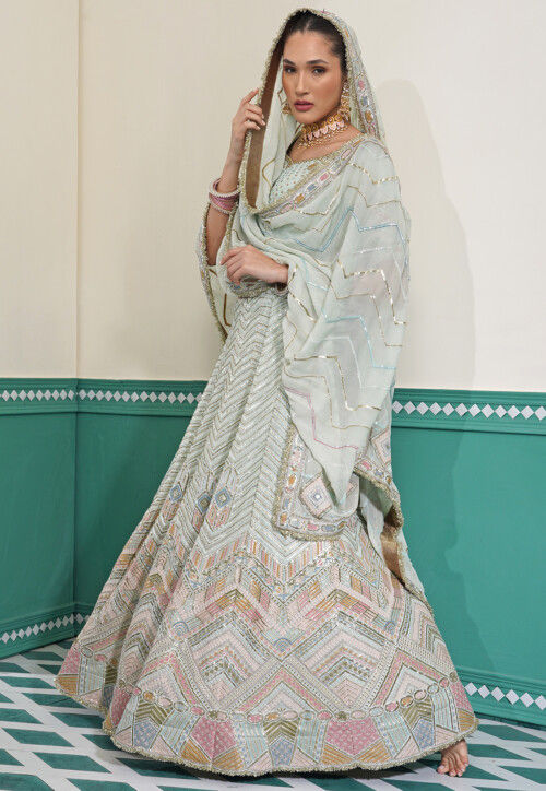 Hand Embroidered Viscose Georgette Lehenga in Pastel Green