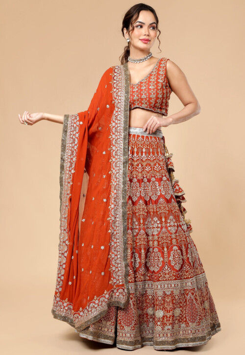 Hand Embroidered Viscose Georgette Lehenga in Rust