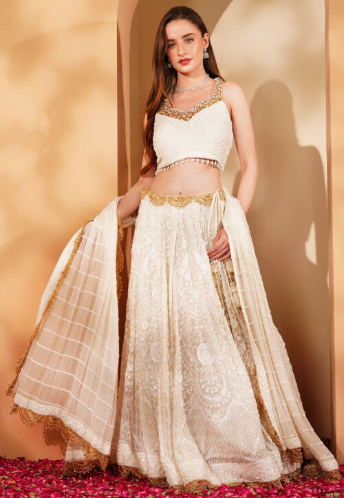 Hand Embroidered Viscose Georgette Lehenga in White