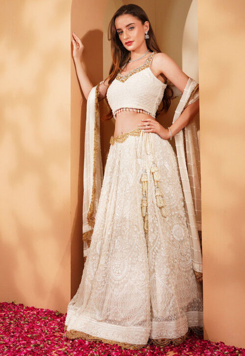 Hand Embroidered Viscose Georgette Lehenga in White
