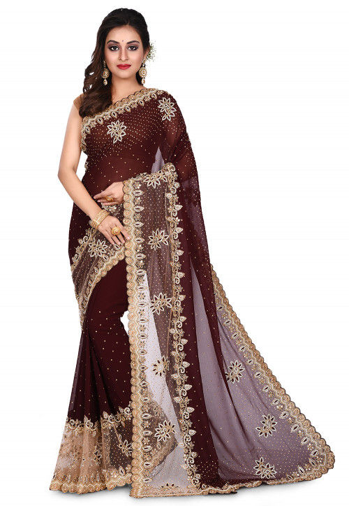 Hand Embroidered Viscose Georgette Saree in Dark Brown