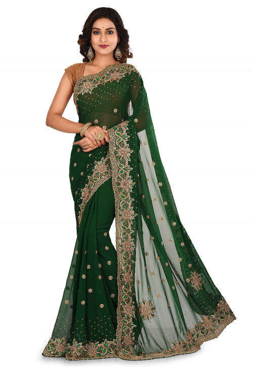 Embroidered Net Saree in Sea Green : SCBA3795