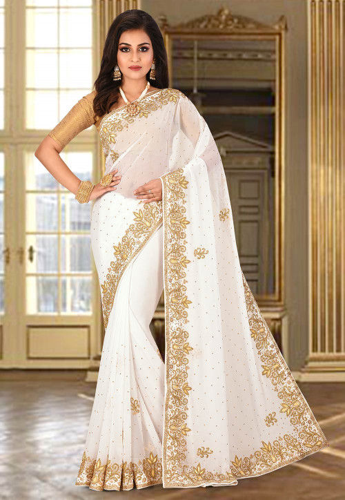 Hand Embroidered Viscose Georgette Saree in White