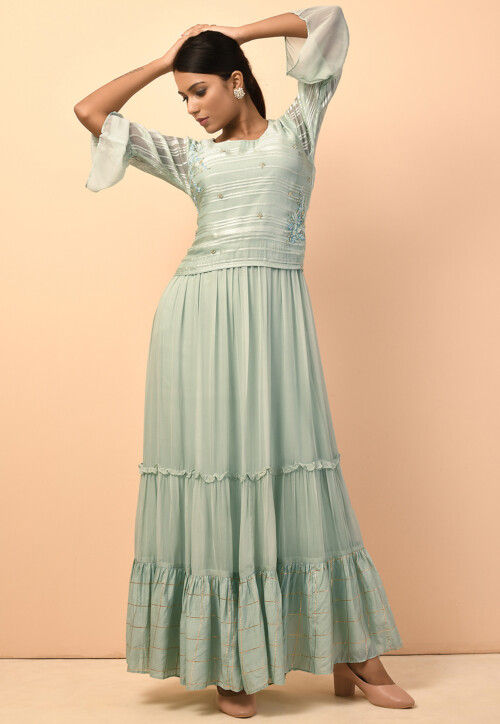 Hand Embroidered Viscose Georgette Tiered Gown in Dusty Green