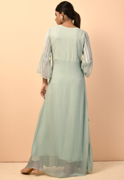 Hand Embroidered Viscose Georgette Tiered Gown in Dusty Green
