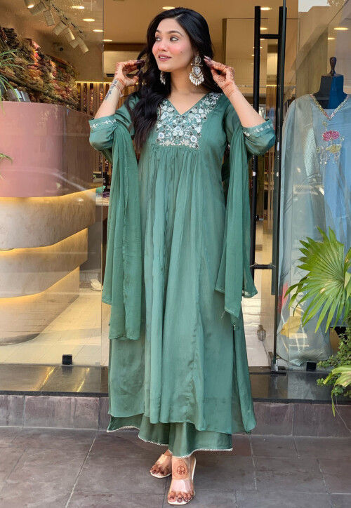 Hand Embroidered Viscose Silk Pakistani Suit in Sea Green
