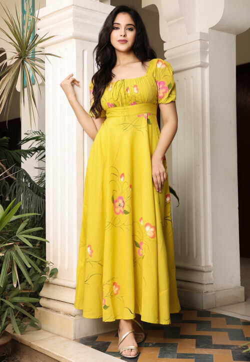 Buy Lemon Yellow Gathered Embroidered Dress Online  W for Woman