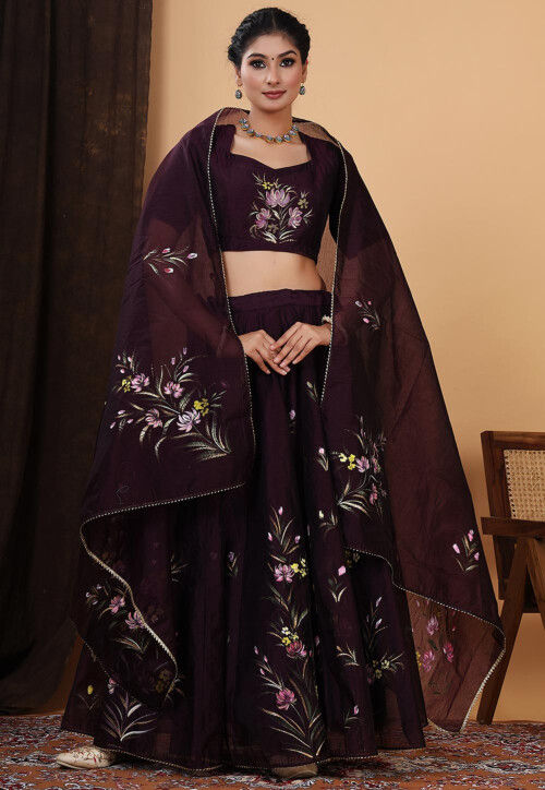 Hand Painted Chanderi Silk Lehenga in Wine