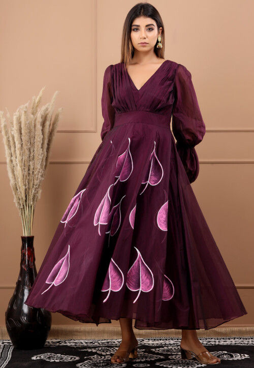 Hand Painted Chanderi Silk Maxi Dress in Wine