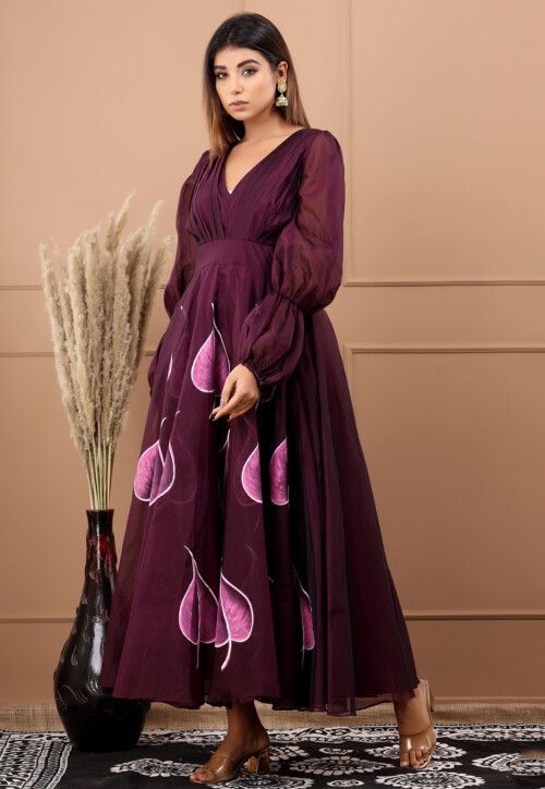 Hand Painted Chanderi Silk Maxi Dress in Wine