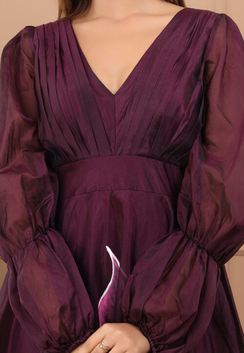 Hand Painted Chanderi Silk Maxi Dress in Wine