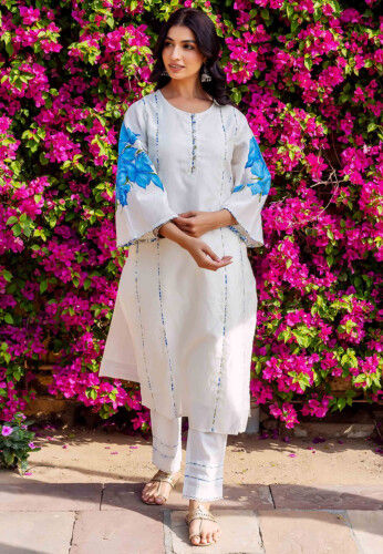 Hand Painted Chanderi Silk Straight Kurta Set in White