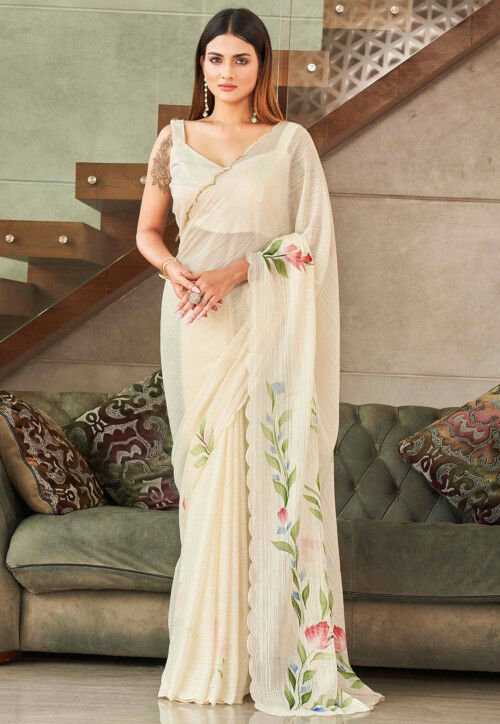 Hand Painted Georgette Brasso Saree in Cream