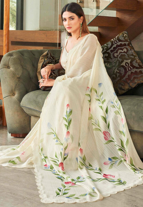 Hand Painted Georgette Brasso Saree in Cream