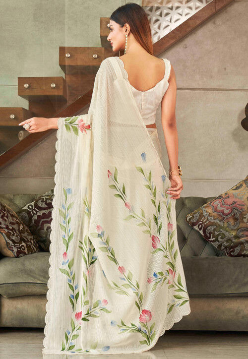 Hand Painted Georgette Brasso Saree in Cream