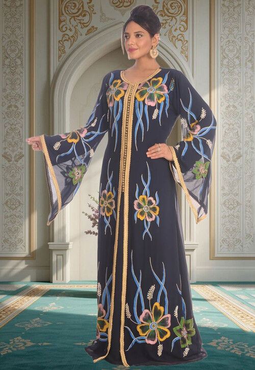 Hand Painted Georgette Moroccan Abaya in Navy Blue