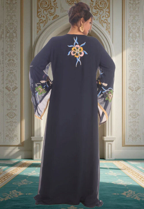 Hand Painted Georgette Moroccan Abaya in Navy Blue
