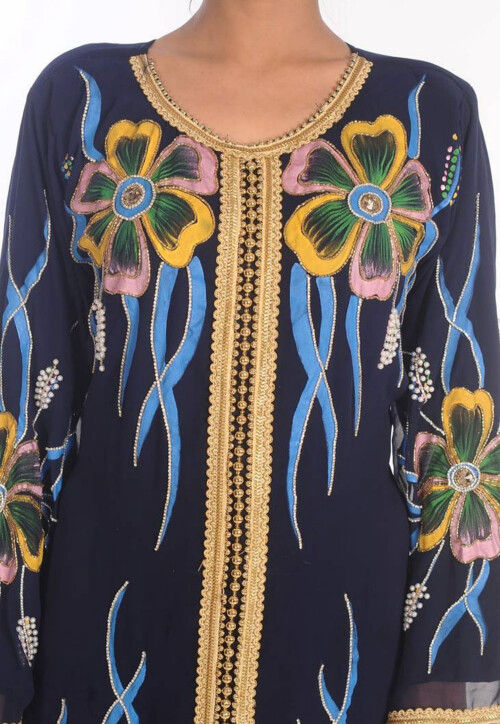 Hand Painted Georgette Moroccan Abaya in Navy Blue