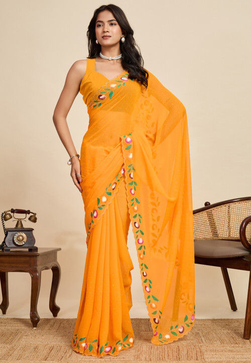 Embellished Georgette Scalloped Saree in Mustard