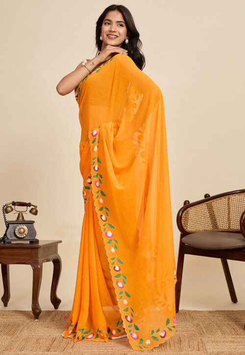Embellished Georgette Scalloped Saree in Mustard
