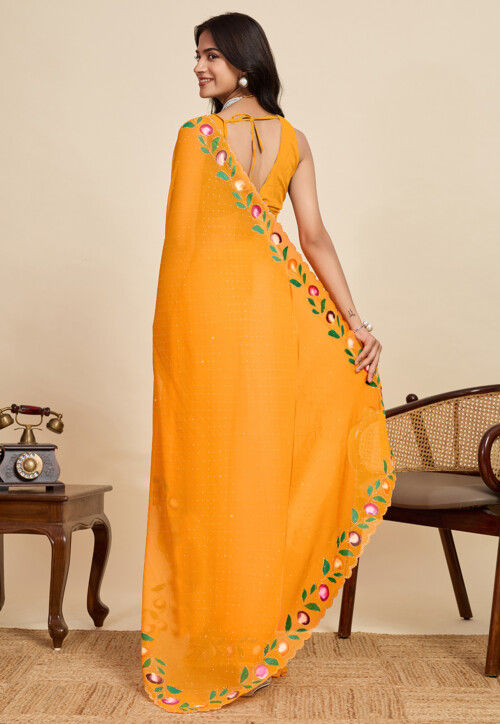 Embellished Georgette Scalloped Saree in Mustard