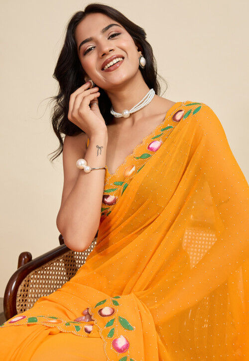 Embellished Georgette Scalloped Saree in Mustard