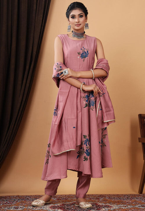 Hand Painted Modal Silk Anarkali Suit in Old Rose