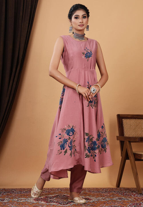 Hand Painted Modal Silk Anarkali Suit in Old Rose