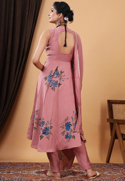 Hand Painted Modal Silk Anarkali Suit in Old Rose