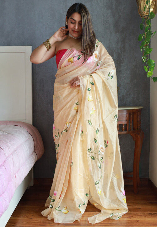 Hand Painted Organza Saree in Beige