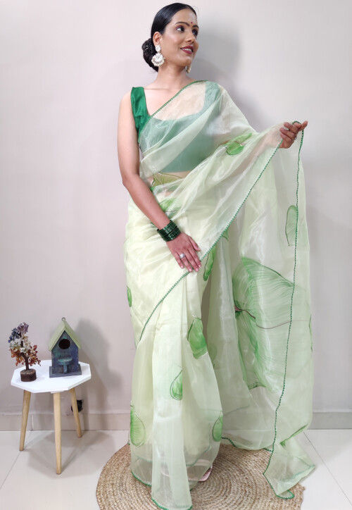 Shop Olive Green Saree with Ivory White Blouse of Pleated Ruffle Cuffs |  Designer Wear | TheHLabel